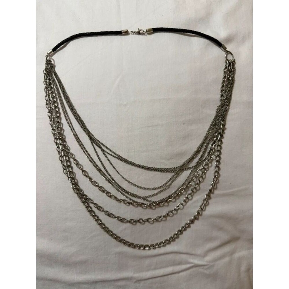 Vintage Silver Layered Multi-Strand Chain Statement Necklace with Black Cord Cla